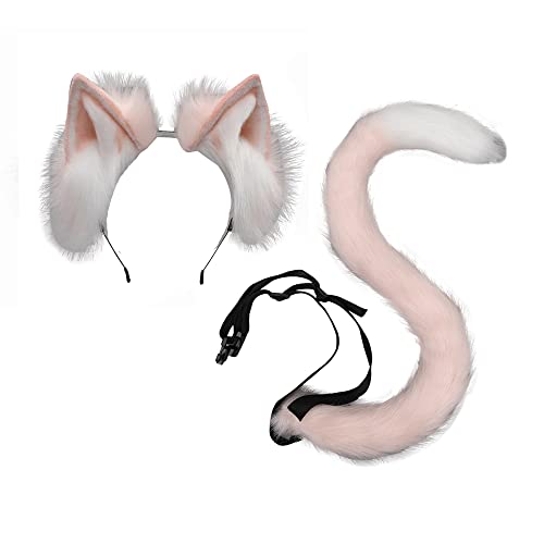 VIGVAN Katzenohren Schwanz Fuchsohren Schwanz Set Halloween Weihnachten Fancy Party Spielzeug (Rosa Weiß) von VIGVAN