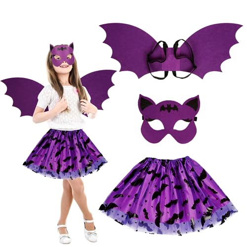 VIKILON 3Tlg. Fledermaus Kostüm Kinder, Fledermauskostüm Mädchen, Fledermaus Flügel Kostüm, Fledermauskostüm Vampir mit Fledermausflügel Tutu für Karneval Fasching Cosplay Party Maskerade Halloween von VIKILON