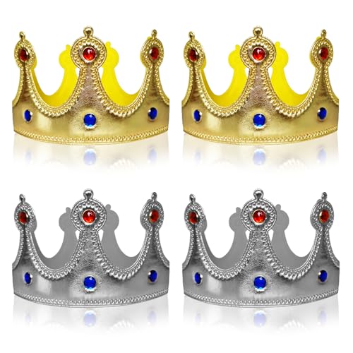 VIKSAUN 4 Stück König Krone Königskrone Königinnen Krone mit Strass, Royal Crown Tiara Kostüm Zubehör, DIY Party Goldfolie Krone Hut für Junge Mädchen Prinzessin Geburtstagsfeier (4 Stück) von VIKSAUN