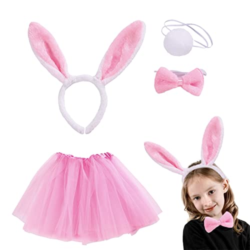 VIKSAUN 4 Stück Hasenkostüm Set Kinder Hasenohren Stirnband Rosa Tutu mit Hasenohren Schleife Schwanz, Erwachsene Kinder Ostern Kostüm Party Zubehör, Mädchen Häschenkostüm Katzen Cosplay Kostüm (Rosa) von VIKSAUN