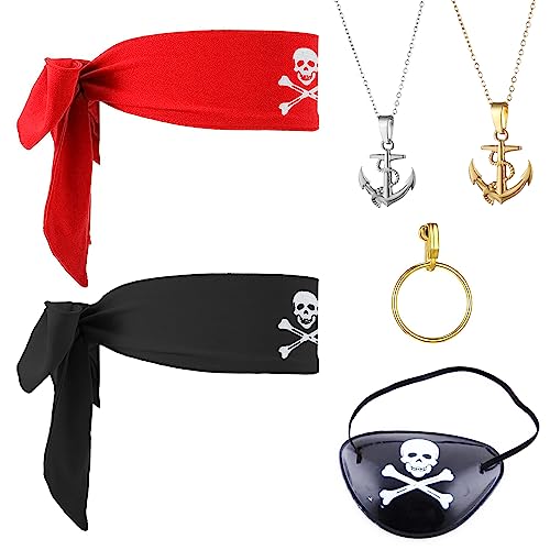 VIKSAUN 6 Stücke Captain Pirate Kostüm Zubehör Set Piraten Augenklappen, Piraten Bandana, Ohrringe Piratenhut, Piraten Rollenspiel Set, für Kinder Karneval Party, Halloween Zubehör (6 Stücke) von VIKSAUN