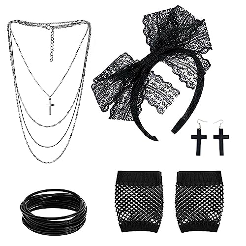 VIKSAUN 80er Jahre Retro Party Kostüm Set 80er Jahre Prom Party Accessoires, 80 Jahre Fancy Kostüm Set, Spitze Stirnband Ohrringe Fischnetz Handschuhe Halskette Armband für 80s Party von VIKSAUN