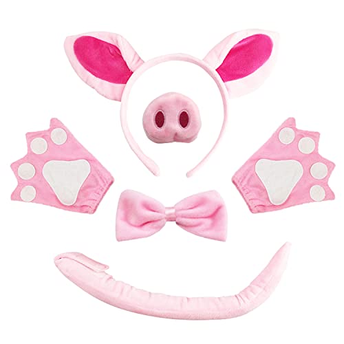 VIKSAUN Schwein Kostüm Set, Set Schwein Ohren Nasen Schwanz und Fliege Handschuhe, Rosa Schwein Kostüm Kit Zubehör, mit Ohren Tier Schwanz Fliege für Cosplay Halloween Party Favors von VIKSAUN