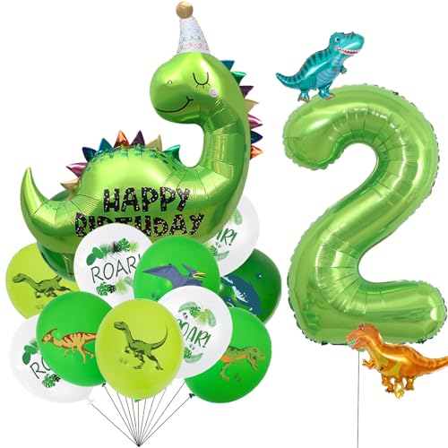 VIKY Dino Luftballon 2. Geburtstag Junge Deko, Dino Geburtstagsdeko 2 Jahr Junge Mädchen, Dinosaurier Ballon 2 Geburtstag Deko, Dschungel Deko Kindergeburtstag Luftballons mit Zahlenballon 2 von VIKY