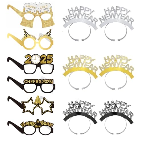 Partybrille Silvester Deko 2025,12 Stk Happy New Year Brille Haarreif,2025 Silvester Party Dekoration Accessoires,Neujahrsdeko Silvesterpartydeko,Happy New Year Stirnband Brillen für Foto Requisiten von VIKY