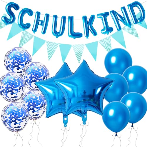 Schulanfang Deko Einschulung Junge Mädchen, 14 Stk Einschulung Deko Set, Schulkind Deko Blau 2025 Schuleinführung, Deko Schulanfang mit Wimpelkette,Stern Einschulung Folienballon,Konfetti Luftballons von VIKY