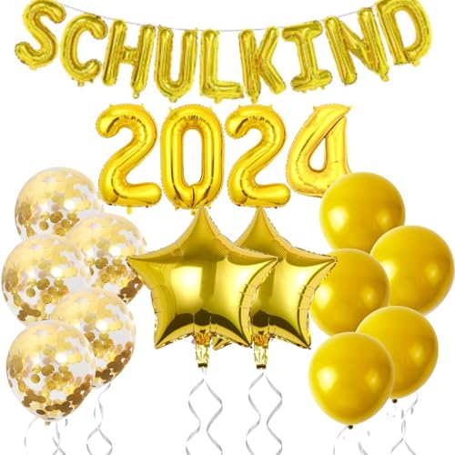 2024 Schulanfang Deko Einschulung Junge Mädchen,14 Stück Einschulung Deko Ballon Set,Schulkind Deko Gold,Deko Schulanfang mit Zahl 2024 Luftballon,Stern Einschulung Folienballon,Konfetti Luftballons von VIKY