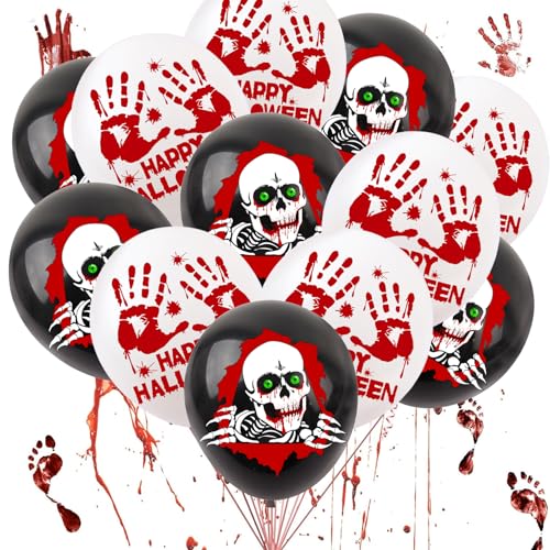 VIKY® Halloween Deko Ballons,24 Stück Happy Halloween Luftballons Schwarz Rot,Skelett Blutiger Helium Ballon Horror Deko,Halloween Decoration Accessoires,Halloween Luftballon für Kinder Karneval Party von VIKY