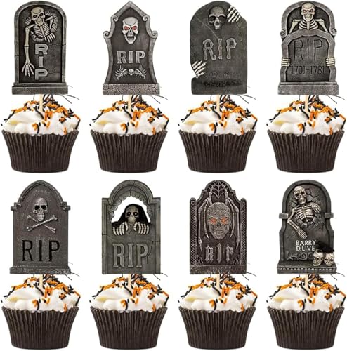 VIKY® 24 Stück Halloween Cupcake Toppers, Halloween Kuchen Deko Grabstein Cake Toppers, Halloween Tortendeko Grabsteine Horror Deko, Halloween Muffins Deko Grabsteinmuster für Halloween Party von VIKY