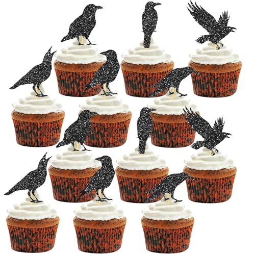 VIKY® 24 Stück Halloween Cupcake Toppers, Krähen Cupcake Topper, Halloween Party Kuchen Deko, Halloween Tortendeko Muffin Deko, Halloween Cupcake Dekoration, Halloween Deko Motto Partyzubehör von VIKY