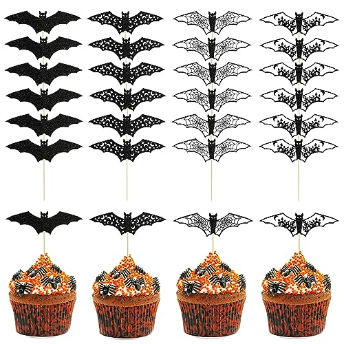 VIKY® 24 Stück Halloween Deko Cupcake Toppers Set, Fledermaus Cupcake Topper, Halloween Party Kuchen Deko, Halloween Tortendeko Muffin Deko, Halloween Cupcake Deko Food Picks Motto Partyzubehör von VIKY