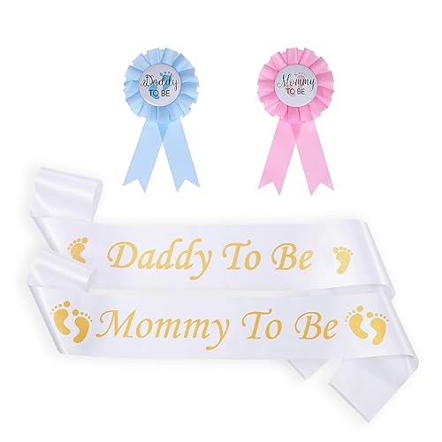 VIKY® 4 Stück Baby Shower Deko Set, Mommy to Be Schärpe, Daddy to Be Scherpe, Werdende Eltern Abzeichen, Schultergurt Gender Reveal Party Deko, Schärpen für Baby Dusche, Baby Party Dekoration von VIKY