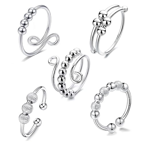 VIKY® 5 Stück Verstellbare Anti Stress Ring, Linderung von Ängsten und Antistress Ringe Silber,Angst Spinning Ring mit Perlen,Offene Spinner Ring Damen,Anxiety Ring Stressringe für Mädchen und Frauen von VIKY