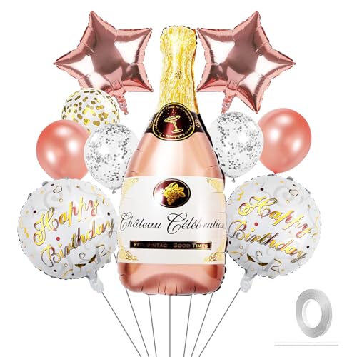 VIKY® Champagne Folienballon, 10 Stk Geburtstagsdeko Luftballons Geburtstag Rosegold, XXL Weinflasche Happy Birthday Ballon, Geburtstag Helium Ballons für Jubiläum Geburtstag Hochzeit Bier Thema Party von VIKY