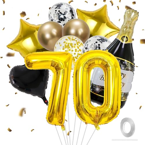 VIKY® Deko 70 Geburtstag Männer Frau,70 Geburtstag Deko Schwarz Gold,Geburtstagsdeko 70. Geburtstag Frauen Deko Ballons,70er Geburtstag Mann Deko Set mit Folienballon Zahl 70 und Konfetti Luftballon von VIKY