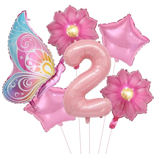 VIKY® Schmetterlinge Deko 2 Geburtstag Mädchen, Folienballon Schmetterling Deko Luftballon 2. Geburtstag Mädchen, Geburtstagsdeko 2 Jahre, Schmetterling Folienballon 2 für Kindergeburtstag Deko von VIKY