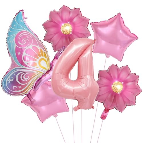 VIKY® Schmetterlinge Deko 4 Geburtstag Mädchen, Folienballon Schmetterling Deko Luftballon 4. Geburtstag Mädchen, Geburtstagsdeko 4 Jahre, Schmetterling Folienballon 4 für Kindergeburtstag Deko von VIKY