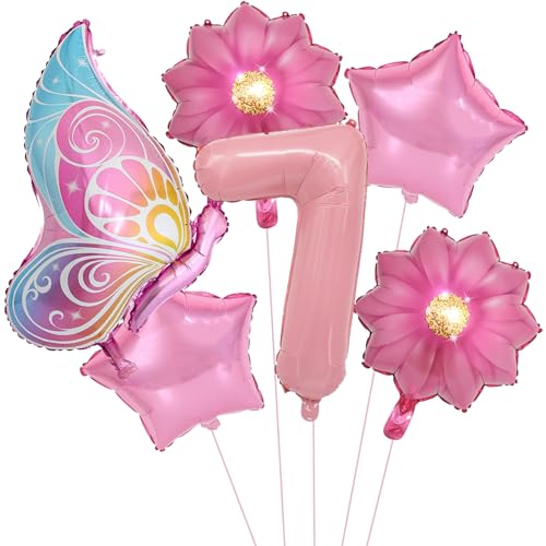 VIKY® Schmetterlinge Deko 7 Geburtstag Mädchen, Folienballon Schmetterling Deko Luftballon 7. Geburtstag Mädchen, Geburtstagsdeko 7 Jahre, Schmetterling Folienballon 7 für Deko Kindergeburtstag von VIKY