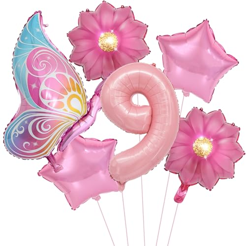 VIKY® Schmetterlinge Deko 9 Geburtstag Mädchen, Folienballon Schmetterling Deko Luftballon 9. Geburtstag Mädchen, Geburtstagsdeko 9 Jahre, Schmetterling Folienballon 9 für Deko Kindergeburtstag von VIKY