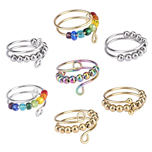 VIKY 7 Stück Verstellbare Anti Stress Ring, Anxiety Ring Set, Linderung von Ängsten und Bunte Antistress Ring, Angst Spinning mit Perlen,Offene Spinner Damen,Anxiety Stressringe für Mädchen und Frauen von VIKY