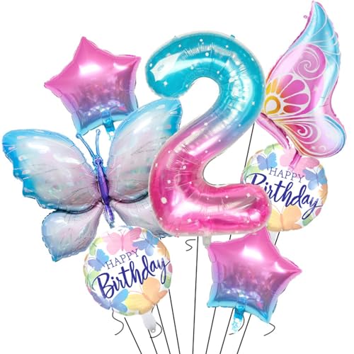 VIKY® Schmetterlinge Deko 2 Geburtstag Mädchen, Folienballon Schmetterling Deko Luftballon 2. Geburtstag Mädchen, Geburtstagsdeko 2 Jahre, Kindergeburtstag Deko für Schmetterling Themen Party von VIKY