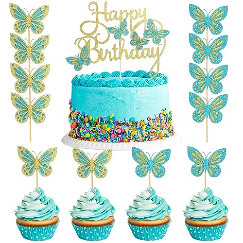 13 St Schmetterlinge Tortendeko Geburtstag,Happy Birthday Tortendeko Schmetterling Deko Geburtstag,Glitzer Schmetterling Cupcake Toppers Kuchen Deko Geburtstag,Schmetterling Deko Geburtstag Kuchendeko von VIKY