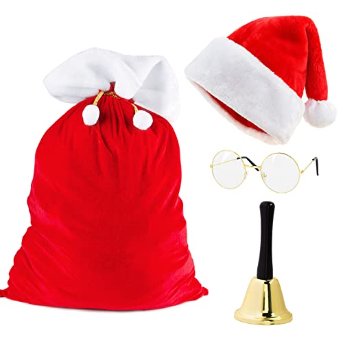 VINFUTUR 4 Stücke Weihnachtsmann Kostüm Zubehör, Groß Weihnachtssack Weihnachtsmütze Weihnachtsmann Brille Weihnachtsglocke Nikolauskostüme Zubehör für Weihnachten Karneval Cosplay Mottoparty von VINFUTUR