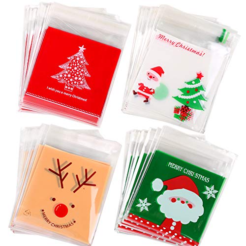 VINFUTUR 400 Pcs Weihnachtstüten Plastik Geschenktüten Weihnachten Partytüten Selbstklebend Keksetüten Transparent Süßigkeiten Taschen für Weihnachts Gastgeschenke Geburtstag Hochzeit von VINFUTUR