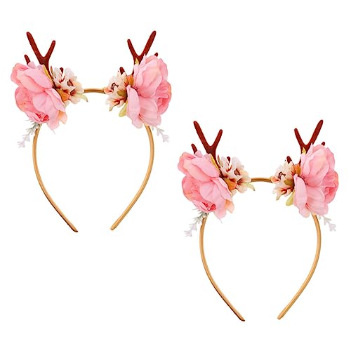 VINTORKY 2st Hirschhorn Blumen Stirnband Karikatur Abschlussball Einhorn-blumen-stirnband Mädchenkleid Haarschmuck Haarband Haarspangen Damen Stirnbänder Gefälscht Party Rosa Plastik von VINTORKY