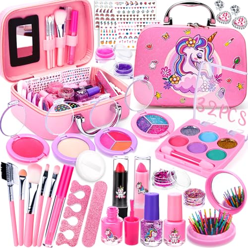 VIPNAJI Kinderschminke Set Mädchen, 32 Stück Kinder Schminkset Mädchen, Waschbar Kosmetik Ungiftig Make Up Spielzeug mit Schminkkoffer, Halloween Weihnachts Geburtstags Geschenke für Mädchen 5 Jahren von VIPNAJI