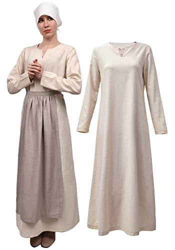 FURPHI Mittelalterliches Leinen-Unterkleid für Damen, Schlitz-Ausschnitt, langärmelig, biblisches Bauernkostüm, Elfenbein, S von FURPHI