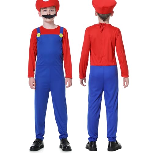 VISVIC Cosplay Kostüm Super Brothers Cosplay Kostüm, mit Cap und Schnurrbart, Halloween Karneval Cosplay Kostüm Set Männer Damen Jungen Mädchen, Faschingskostüme, Jungen Rot, S von VISVIC