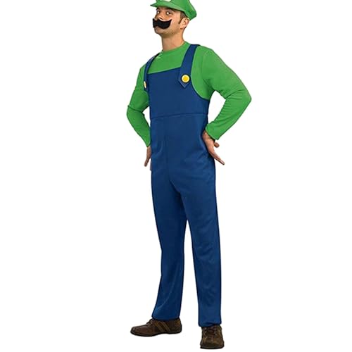 VISVIC Cosplay Kostüm Super Brothers Klempner, Kostüm mit Bodysuit, Cap und Schnurrbart, Karneval Halloween Cosplay Kostüm für Herren Damen Junge Mädchen Kinder, Herren Grün, M von VISVIC