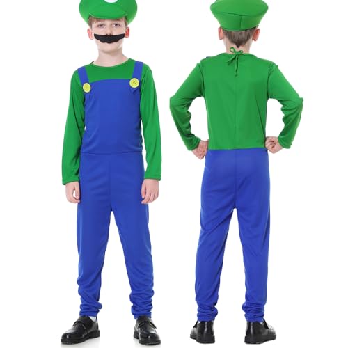 VISVIC Cosplay Kostüm Super Brothers Cosplay Kostüm, mit Cap und Schnurrbart, Halloween Karneval Cosplay Kostüm Set Männer Damen Jungen Mädchen, Faschingskostüme, Jungen Grün, S von VISVIC