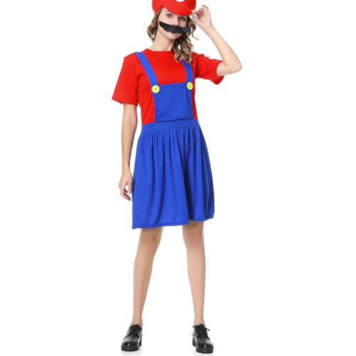 VISVIC Cosplay Kostüm Super Brothers Klempner, Kostüm mit Bodysuit, Cap und Schnurrbart, Karneval Halloween Cosplay Kostüm für Herren Damen Junge Mädchen Kinder, Damen Rot, L von VISVIC