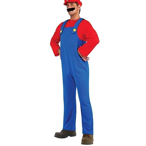 VISVIC Cosplay Kostüm Super Brothers Klempner, Kostüm mit Bodysuit, Cap und Schnurrbart, Karneval Halloween Cosplay Kostüm für Herren Damen Junge Mädchen Kinder, Herren Rot, S von VISVIC