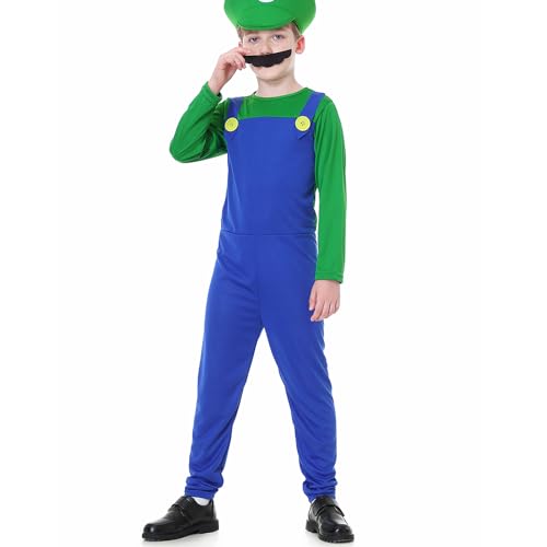 VISVIC Cosplay Kostüm Super Brothers Klempner, Kostüm mit Bodysuit, Cap und Schnurrbart, Karneval Halloween Cosplay Kostüm für Herren Damen Junge Mädchen Kinder, Jungen Grün, S von VISVIC