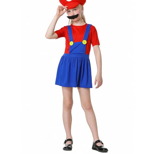 VISVIC Cosplay Kostüm Super Brothers Klempner, Kostüm mit Bodysuit, Cap und Schnurrbart, Karneval Halloween Cosplay Kostüm für Herren Damen Junge Mädchen Kinder, Mädchen Rot, XL von VISVIC