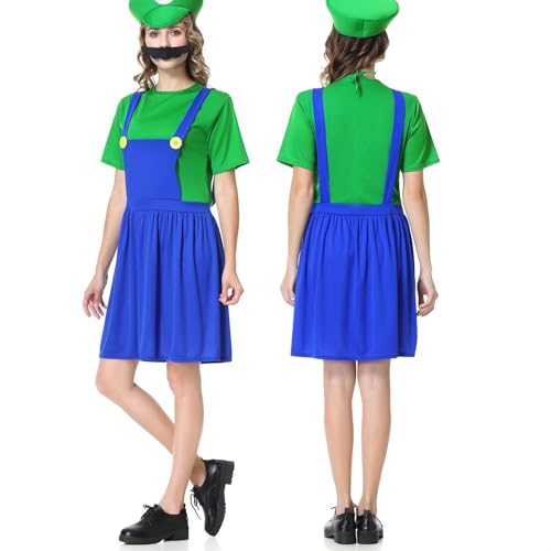 VISVIC Cosplay Kostüm Super Brothers Cosplay Kostüm, mit Cap und Schnurrbart, Halloween Karneval Cosplay Kostüm Set Männer Damen Jungen Mädchen, Faschingskostüme, Damen Grün, M von VISVIC