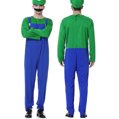 VISVIC Cosplay Kostüm Super Brothers Cosplay Kostüm, mit Cap und Schnurrbart, Halloween Karneval Cosplay Kostüm Set Männer Damen Jungen Mädchen, Faschingskostüme, Herren Grün, L von VISVIC