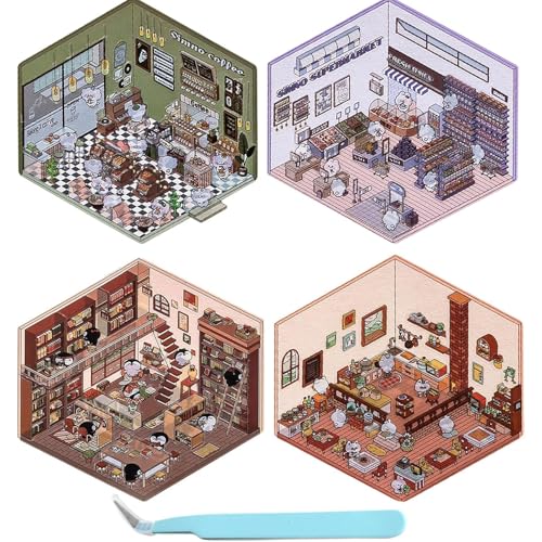 VIUXL 4 Sets DIY 3D House Stickers, DIY Scene Stickers Your Own Supermarket|Coffee Shop|Restaurant|Bookstore, Cute Cartoon Scene Stickers, Cute Cartoon Scene Stickers for People Pass The Time (A) von VIUXL