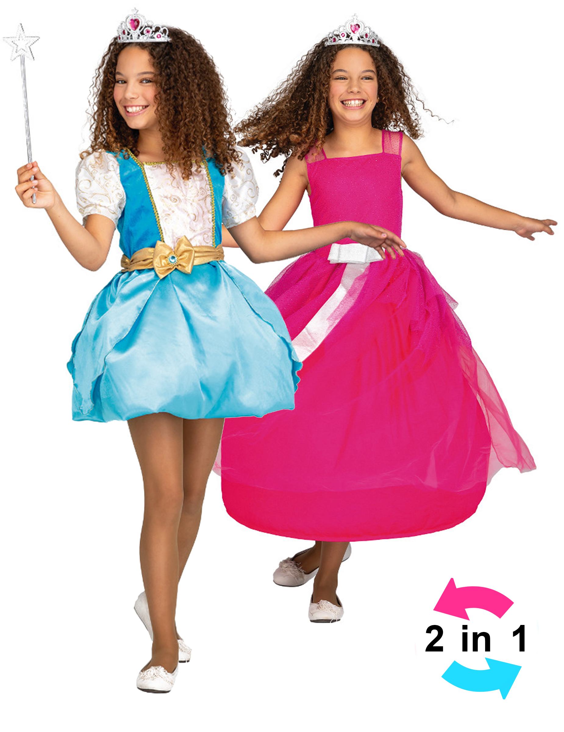 Magisches Prinzessin-Kostüm für Mädchen 3 in 1 Faschingskostüm blau-pink von VIVING COSTUMES / JUINSA