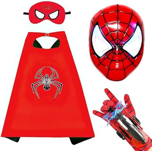 VIYAAN Kostüm Maske Superhelden, Launcher Handschuh, Superhelden Kostüm Kinder, Superheroes Cosplay Costume, Spiderman Umhänge/Handschuhe/Maske für Kinder Cosplay Kostüme von VIYAAN