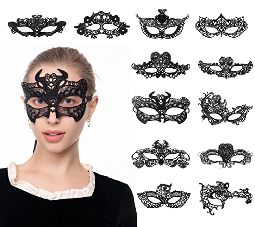 VKI® 12 Stück Konstellation Spitzenmaske, Venezianische Maske Damen Vampire Schmuck Halloween Augenmaske Karnevalsmasken Gesicht, Schwarz von VKI