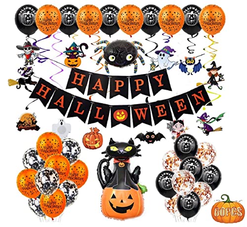 VKI® Halloween Ballons, Happy Halloween Banner, Halloween Luftballons Deko, enthalten Kürbis, Geist, Spinne, Hexe, Schwarze Katze, Latexballon, Folienballon, für Halloween Party Dekoration von VKI