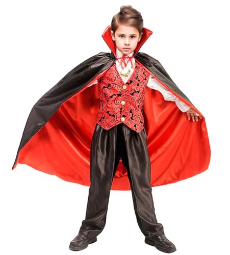 VKI Vampir Kostüme Set für Kinder mit Umhang, Oberteil, Hose, Halsbekleidung, Vampir Cosplay Kostüm für Halloween Karneval, 7~9 Jahre alt, 120~130cm von VKI