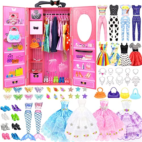 84 Kleidung für Puppen kleiderschrank Kleidung Schmuck Zubehör für 11,5 Zoll Puppe Dress Up Set mit Hochzeitskleid Kleider Oberteile Hosen Schuhe Kleiderbügel Taschen Geschenk Spielzeug für Mädchen von VLUSSO