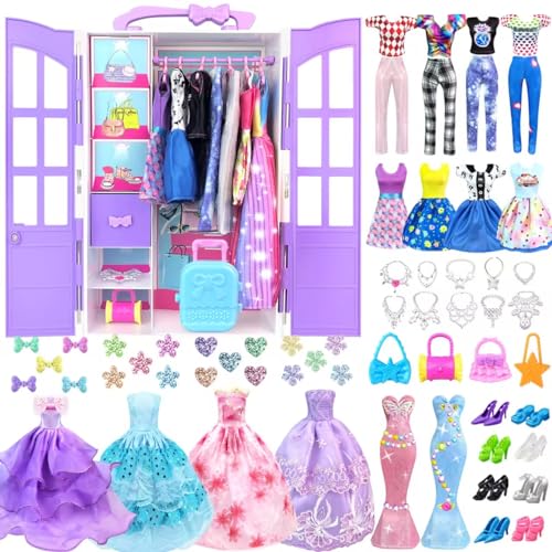 92 Kleidung für Puppen kleiderschrank Kleidung Schmuck Zubehör für 11,5 Zoll Puppe Mädchen Puppe Kleider mit Hochzeit Abendkleider Top Hosen Schuhe Kleiderbügel Taschen Mädchen Spielzeug Geschenke von VLUSSO