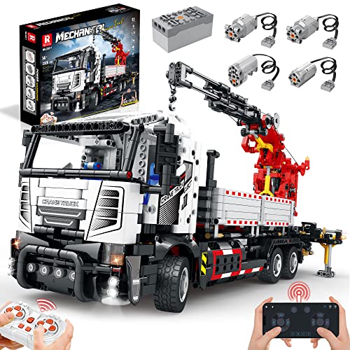 VLites Technik LKW Schwerlast Klemmbausteine Reobrix 22011, 2328 Teile Ferngesteuert Kran Truck Modellbauset Set mit 4 Motor, Geschenk für Erwachsene und Jungen von VLites