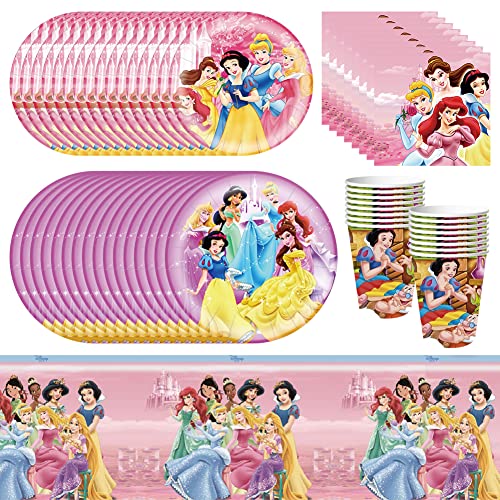 VMOTA Prinzessin Partygeschirr, 65 Stück Prinzessin Party Supplies Set, Prinzessin Deko Gebutstag Geschirr Kit Dessert Teller Servietten Tassen Tischdecke, Kindergeburtstag Tischdeko (16 Gäste) von ZYZYZK